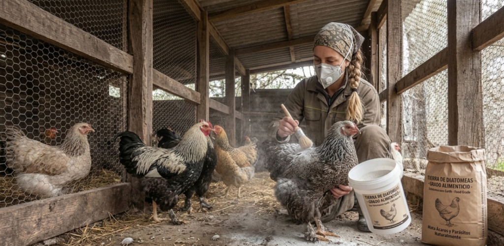 Mujer con tapabocas N95 aplicando tierra de diatomeas grado alimenticio a gallinas Brahma en galpon de madera y malla con suelo de cemento.