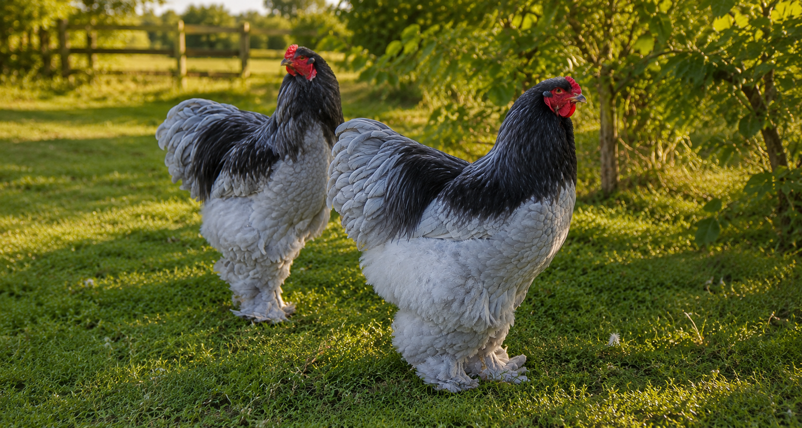 Gallinas Brahma azul en el criadero de Boyacá, Colombia, con plumaje gris azulado