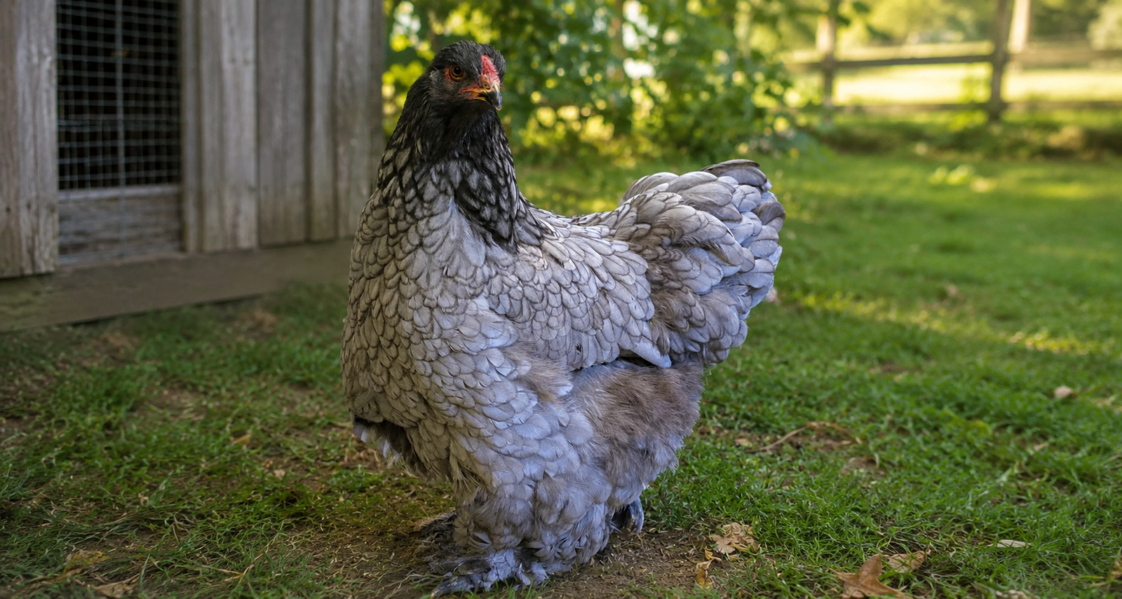 Gallo Brahma azul adulto mostrando su azul pizarra uniforme y caireles oscuros